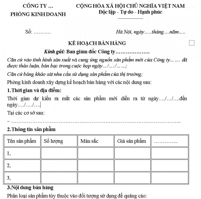 kế hoạch bán hàng