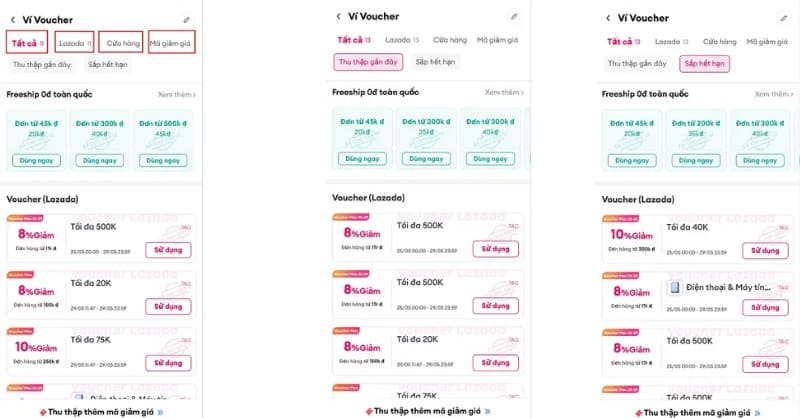 các mục voucher trong ví voucher lazada