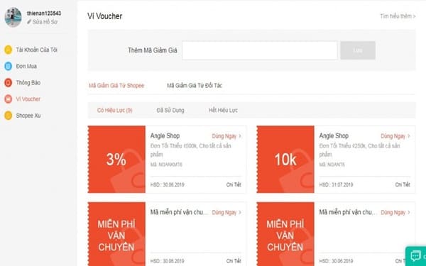 các loại voucher trên shopee